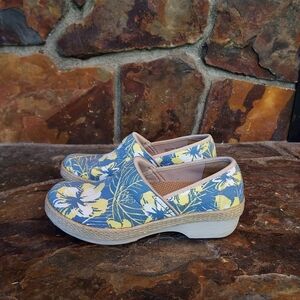 Dansko Blue and Yellow Espadrille Shoes with Tropical Floral Design